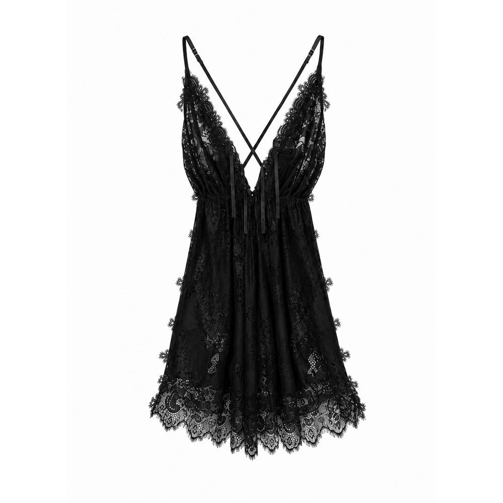 Black Sheer‎ Lace Babydoll Slip Dress Plunge Open Side Tie Lingerie Chemise